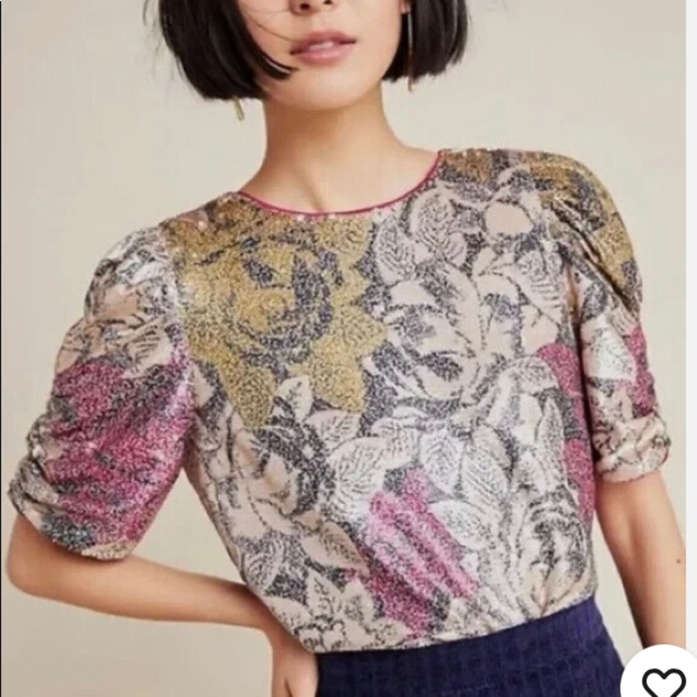 Anthropologie 4 Marie Multicolor Floral Print Sequined Puff Sleeve Blouse